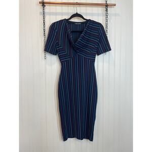 Zara Striped Cowl Neck Midi Sheath Dress Womens Size S Blue Short Sleeve Casual